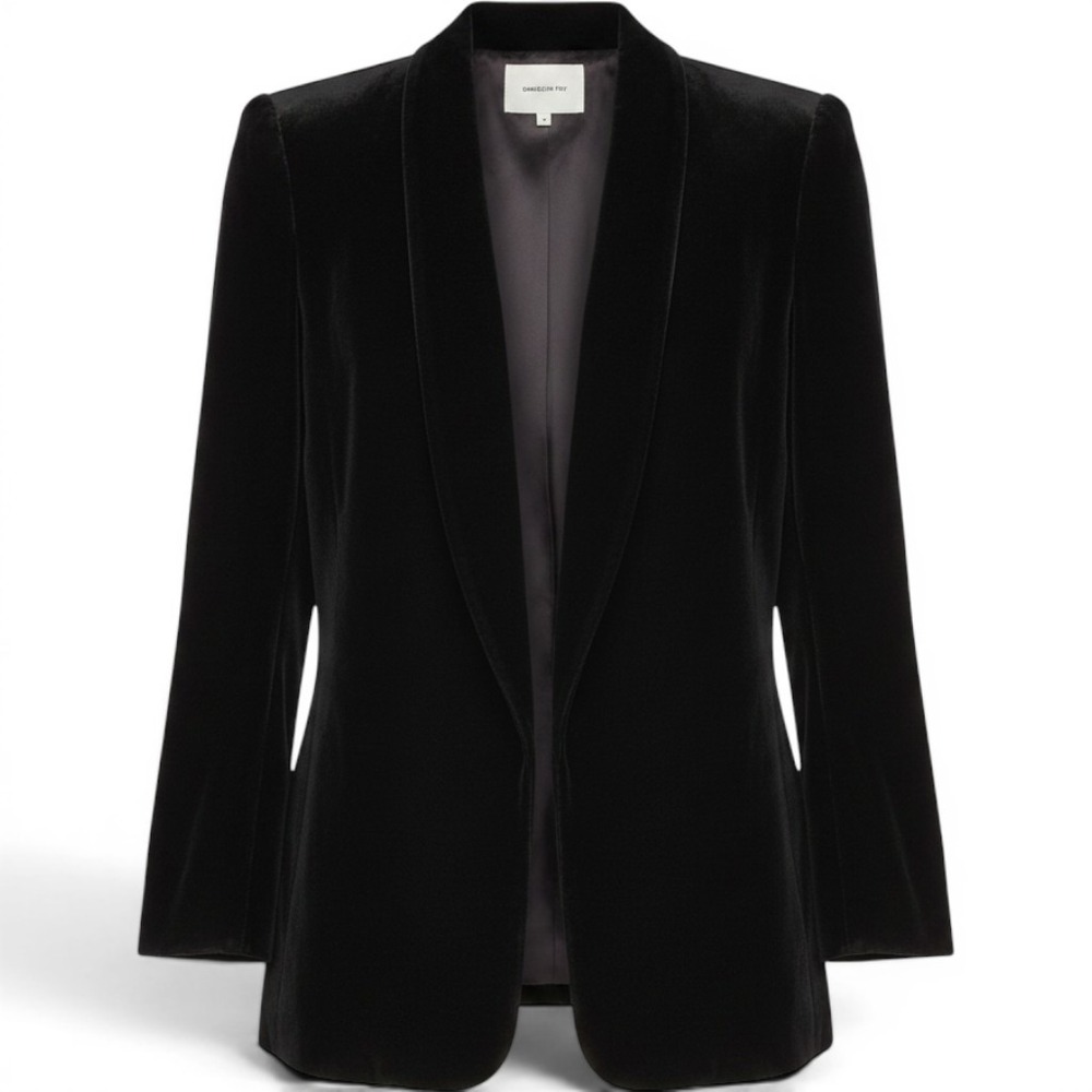 Emerson Fry Black Silk Blend Velvet Shawl Lapel Open Front Blazer Paris Jacket M
